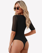 Deep V Neck Mesh Elbow Sleeve Seamless Thong Bodysuit
