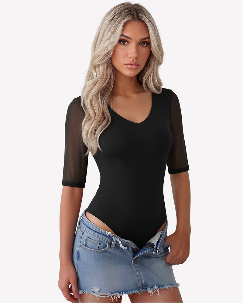 Deep V Neck Mesh Elbow Sleeve Seamless Thong Bodysuit