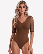 Deep V Neck Mesh Elbow Sleeve Seamless Thong Bodysuit