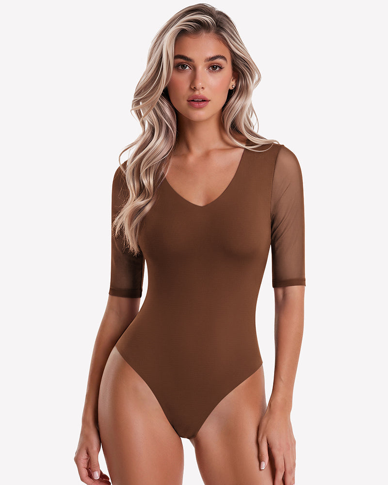 Deep V Neck Mesh Elbow Sleeve Seamless Thong Bodysuit