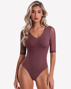 Deep V Neck Mesh Elbow Sleeve Seamless Thong Bodysuit