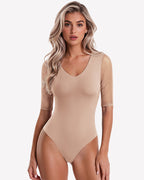 Deep V Neck Mesh Elbow Sleeve Seamless Thong Bodysuit