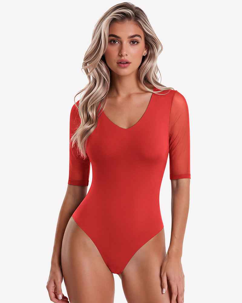Deep V Neck Mesh Elbow Sleeve Seamless Thong Bodysuit