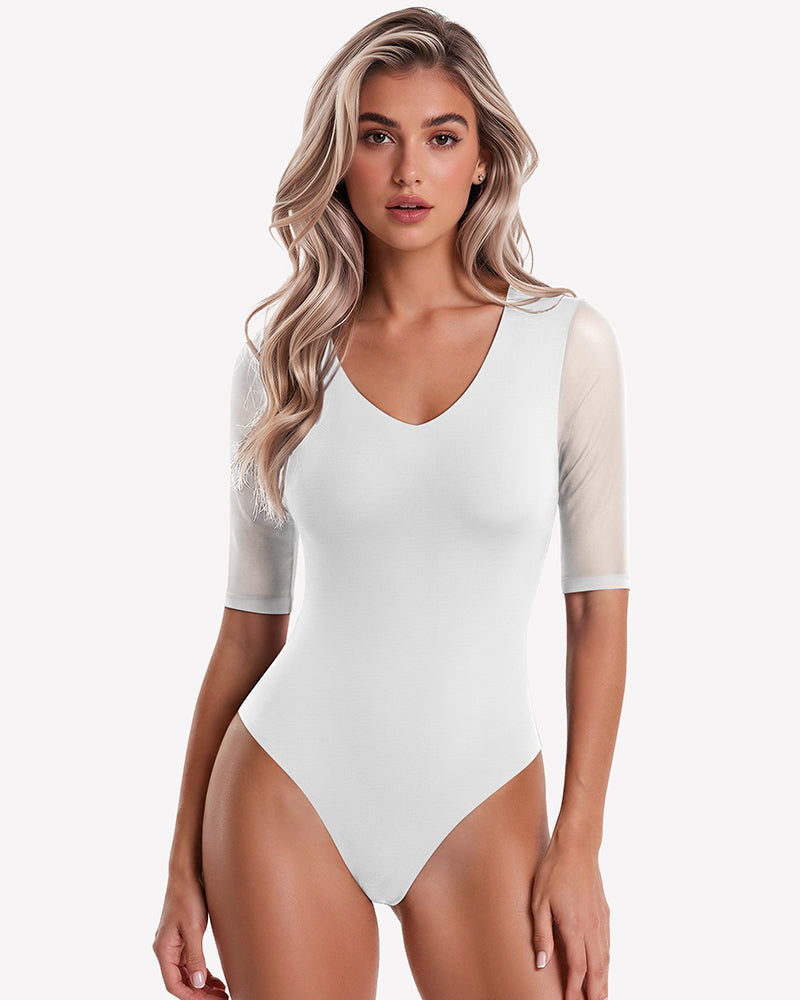 Deep V Neck Mesh Elbow Sleeve Seamless Thong Bodysuit