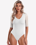 Deep V Neck Mesh Elbow Sleeve Seamless Thong Bodysuit