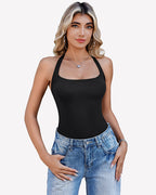 Square Neck Halter Bodysuit Double Lined Thong Going Out Top