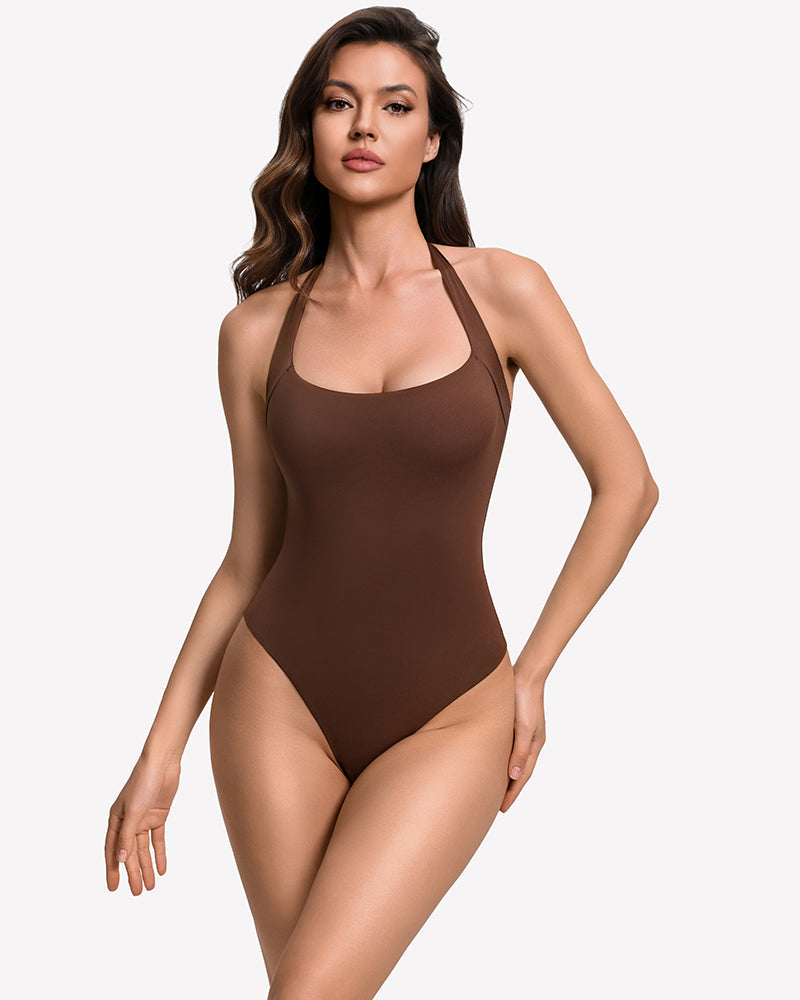 Square Neck Halter Bodysuit Double Lined Thong Going Out Top