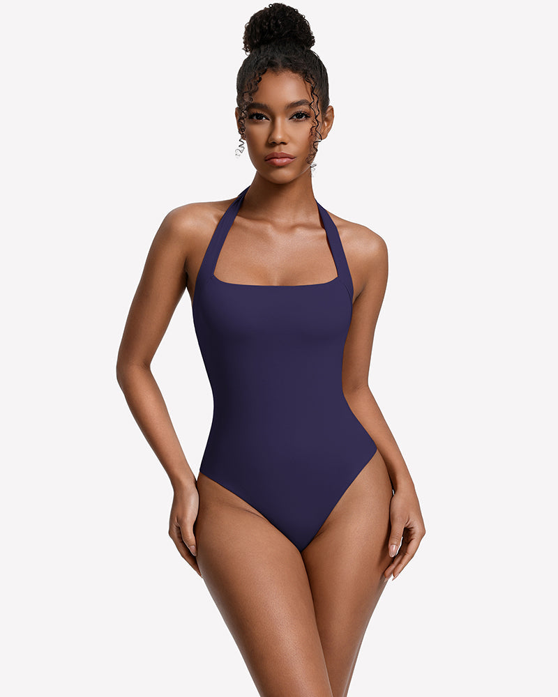 Square Neck Halter Bodysuit Double Lined Thong Going Out Top