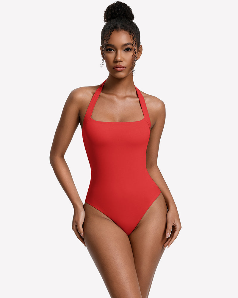 Square Neck Halter Bodysuit Double Lined Thong Going Out Top
