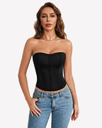 Mesh Strapless Corset Top Tie Back Boned Bustier