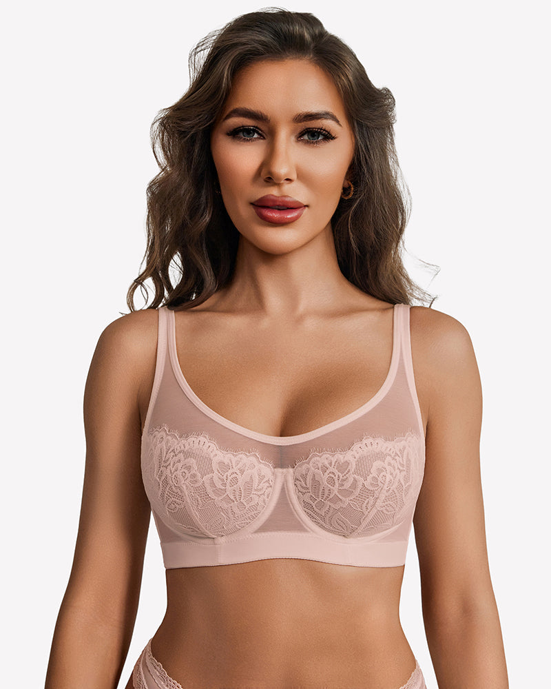 Full Coverage Sheer Mesh Lace Bra Underwire Unlined Everyday Lingerie