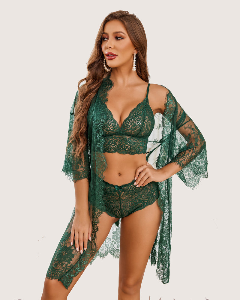 Women Lingerie Set 3 Piece Bra and Panty Sets with Robe