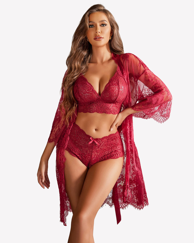 Women Lingerie Set 3 Piece Bra and Panty Sets with Robe