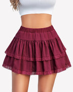 High Waisted Tiered Ruffles Lace Mini Skirt