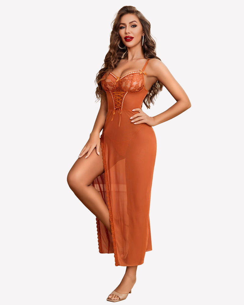 Lace Chemise Mesh Side Split Nightdress