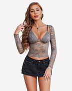 Mesh Long Sleeve Crop Top with Bra Set