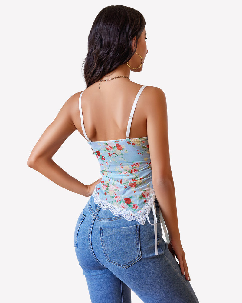 Drawstring Sheer Cami Top Lace Crop Top