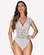 Lace Bodysuits V Neck Snap Crotch Teddy