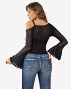 Mesh Top Long Sleeve Rhinestone Tops
