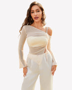 Mesh Top Long Sleeve Rhinestone Tops
