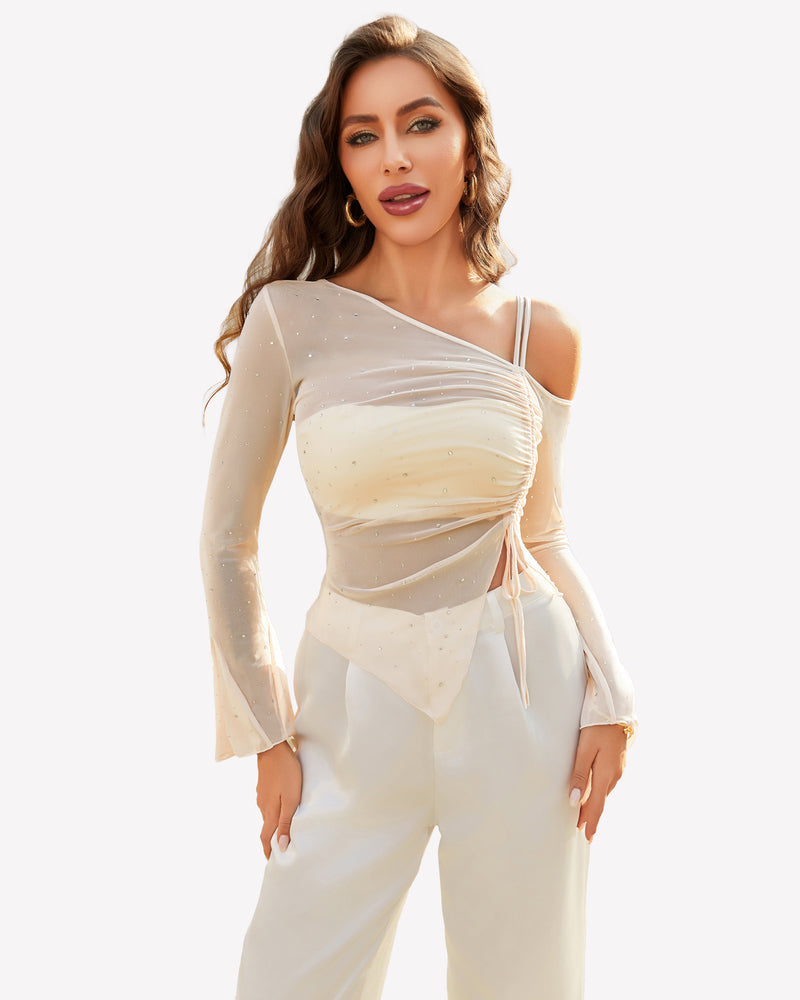 Mesh Top Long Sleeve Rhinestone Tops