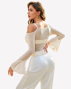 Mesh Top Long Sleeve Rhinestone Tops