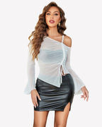 Mesh Top Long Sleeve Rhinestone Tops