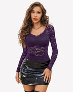Lace Long Sleeve Mesh V Neck Tops