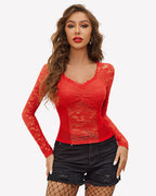 Lace Long Sleeve Mesh V Neck Tops