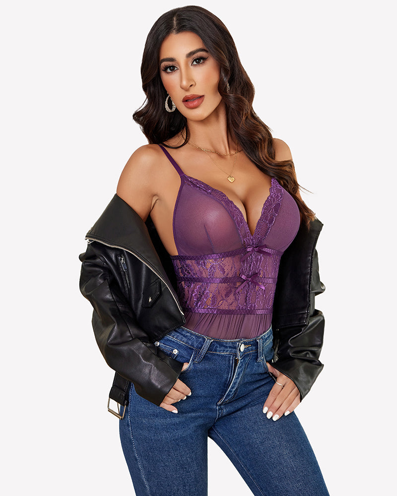Lace Bodysuit V Neck Mesh Sleepwear