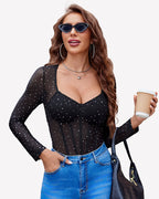 Long Sleeve Bodysuit Sparkle Mesh Top