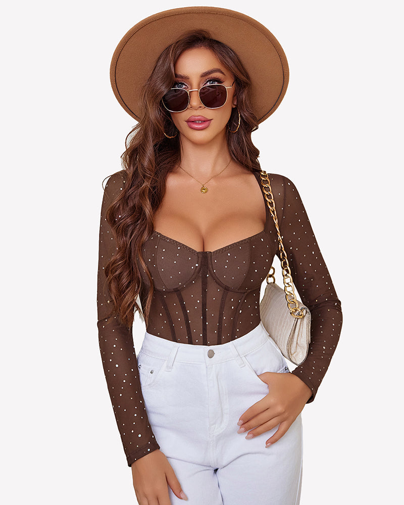 Long Sleeve Bodysuit Sparkle Mesh Top