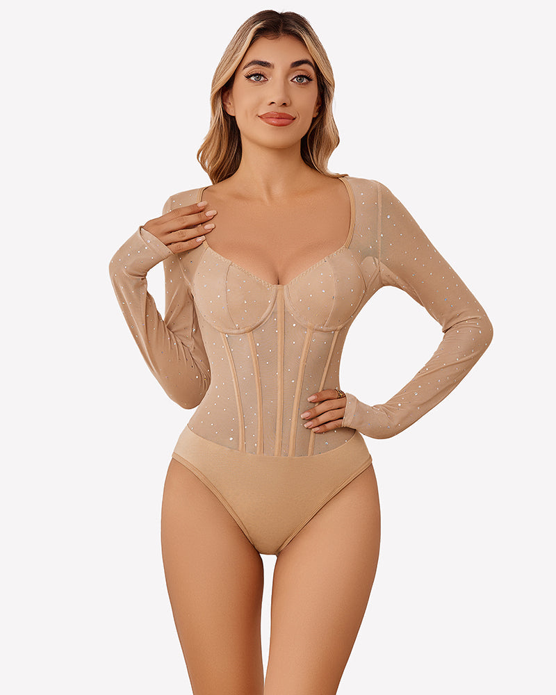 Long Sleeve Bodysuit Sparkle Mesh Top