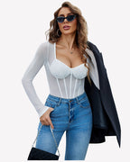 Long Sleeve Bodysuit Sparkle Mesh Top