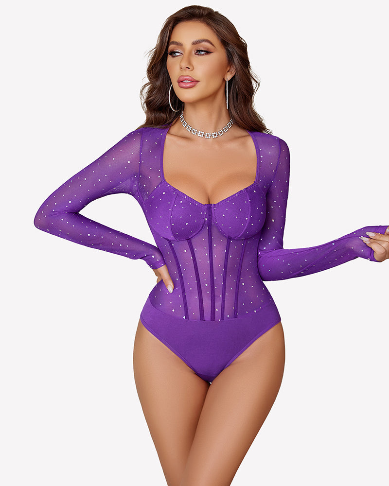 Long Sleeve Bodysuit Sparkle Mesh Top