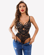 Lace Teddy V Neck Cut Out Snap Crotch Bodysuit