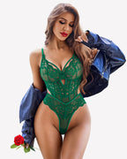 Lace Teddy V Neck Cut Out Snap Crotch Bodysuit
