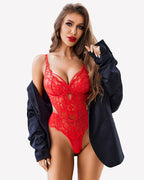 Lace Teddy V Neck Cut Out Snap Crotch Bodysuit