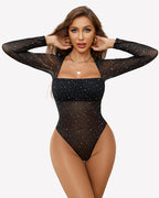 Long Sleeve Rhinestone Mesh Bodysuits
