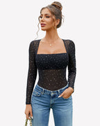 Long Sleeve Rhinestone Mesh Bodysuits