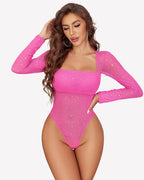 Long Sleeve Rhinestone Mesh Bodysuits