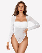 Long Sleeve Rhinestone Mesh Bodysuits