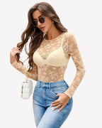 Long Sleeve Lace Sheer Mesh Bodysuit