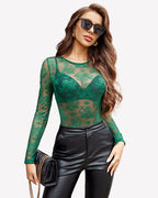 Long Sleeve Lace Sheer Mesh Bodysuit
