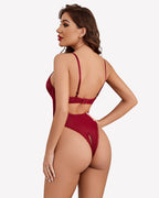V Neck Lace Teddy Push Up Bodysuit