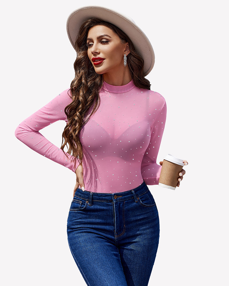 Mesh Rhinestone Sheer Tops