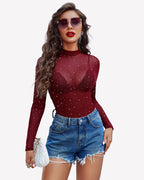 Mesh Rhinestone Sheer Tops