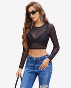Rhinestone Mesh See Through Crop Top