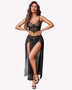 3 Piece Set Mesh Side Split Nightgown
