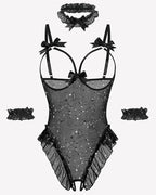 4 Piece Set Sheer Mesh Teddy Bodysuits